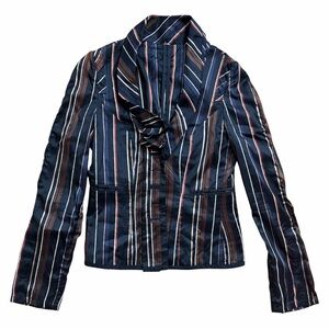 Hood - Made-in-Italy Raw Silk Blazer – Bold Stripe, Ruffle Detail Sz IT 42 US M
